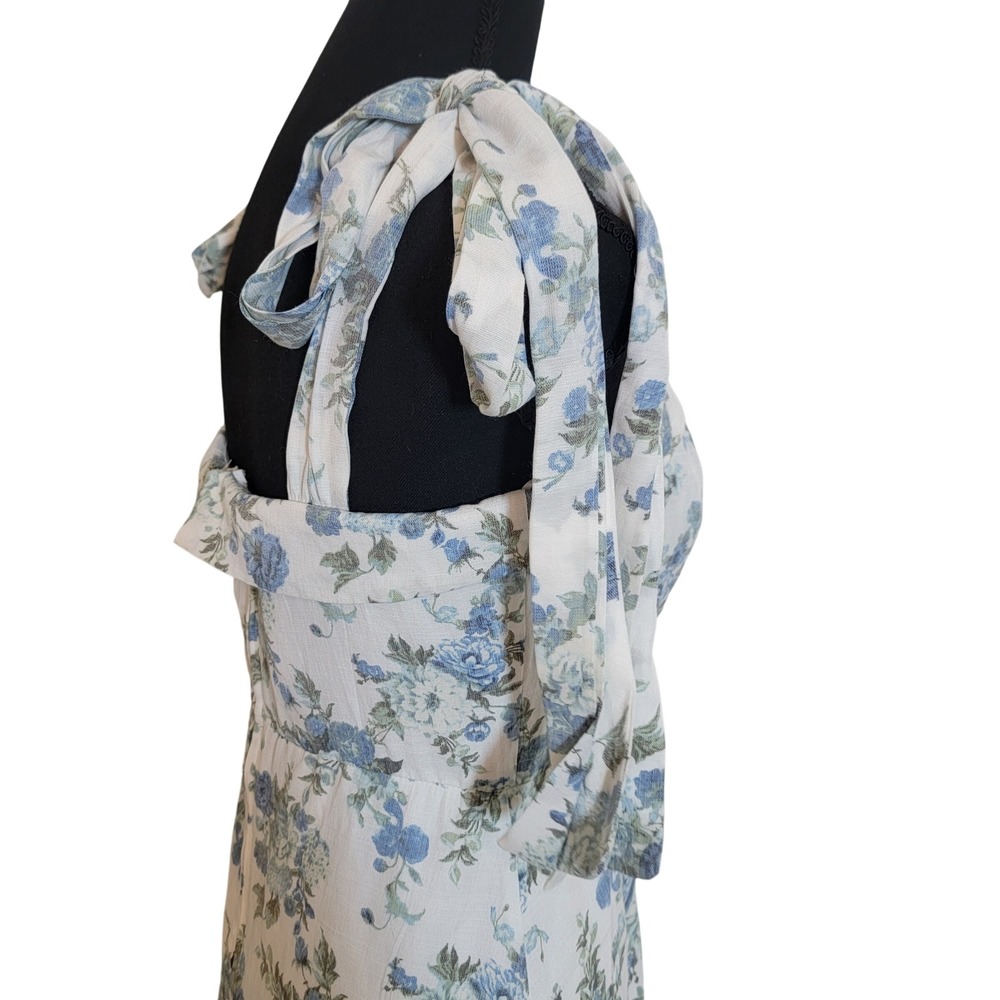 Audrey Parks Francesca's Blue Floral Tie Shoulder Midi Dress Square Neck Medium - Picture 9 of 15